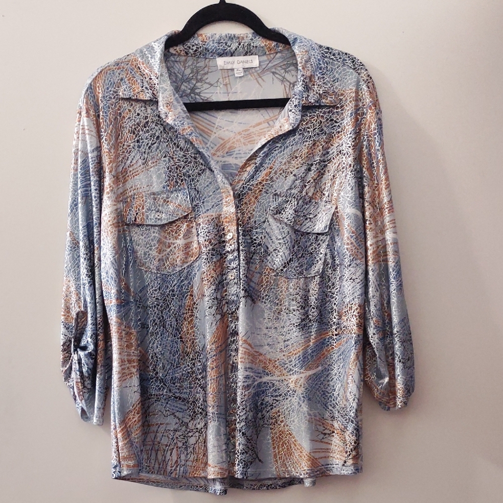 Blue and Gray Relaxed Notched Collar Button Down Shirt